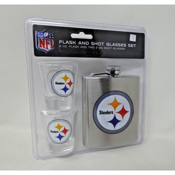 NFL Pittsburgh Steelers 6oz Flask  & 2oz Glass Shot, Stainless Steel - Picture 2 of 6